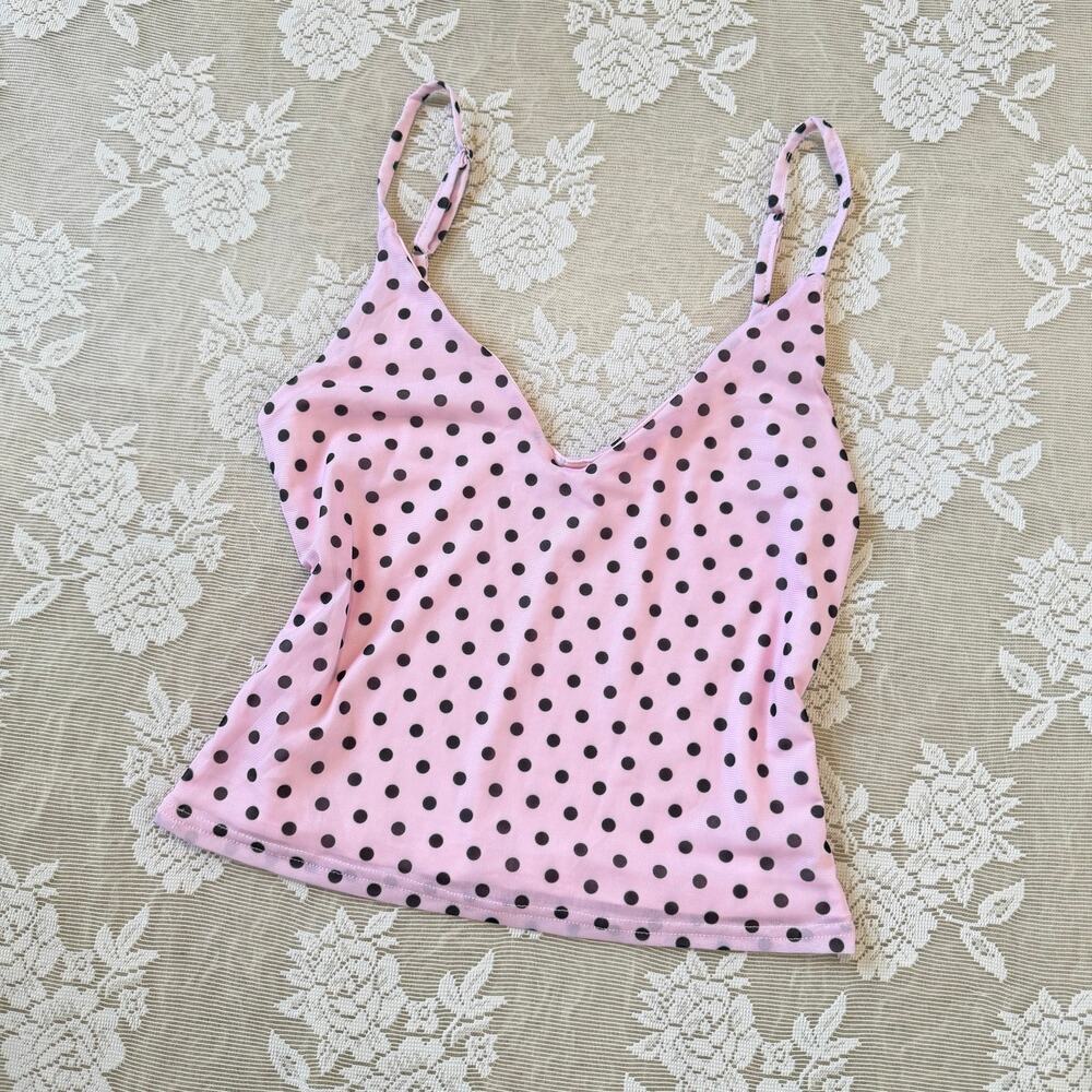 Y2K Pink Black Polka Dot Cami Tank Top Size Small